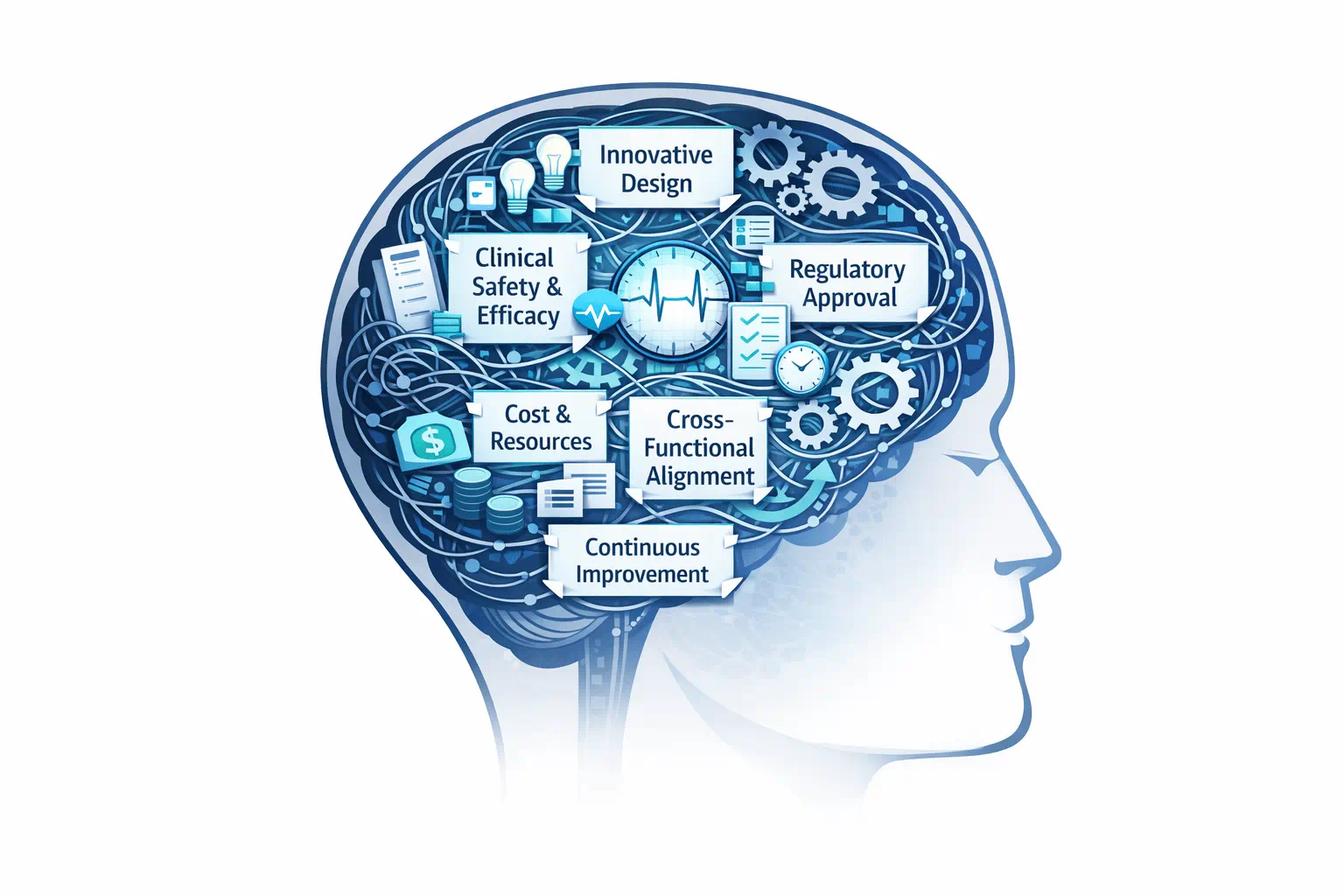 Diagram showing key factors in drug-device development inside a human head.